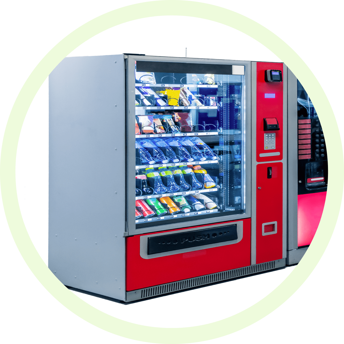 Red snack vending machine with assorted items.