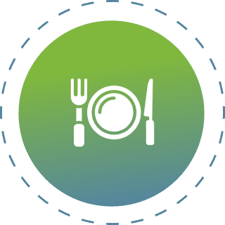 Plate, fork, knife icon on green background.