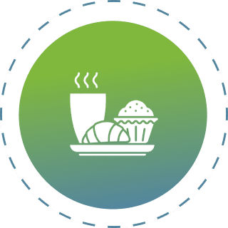 Coffee, croissant, and muffin on plate icon.