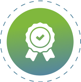 Certificate badge with checkmark icon.